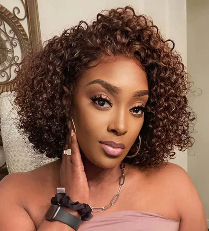 13x4 Frontal Lace Highlight Chocolate Brown Bob Curly Glueless Wig