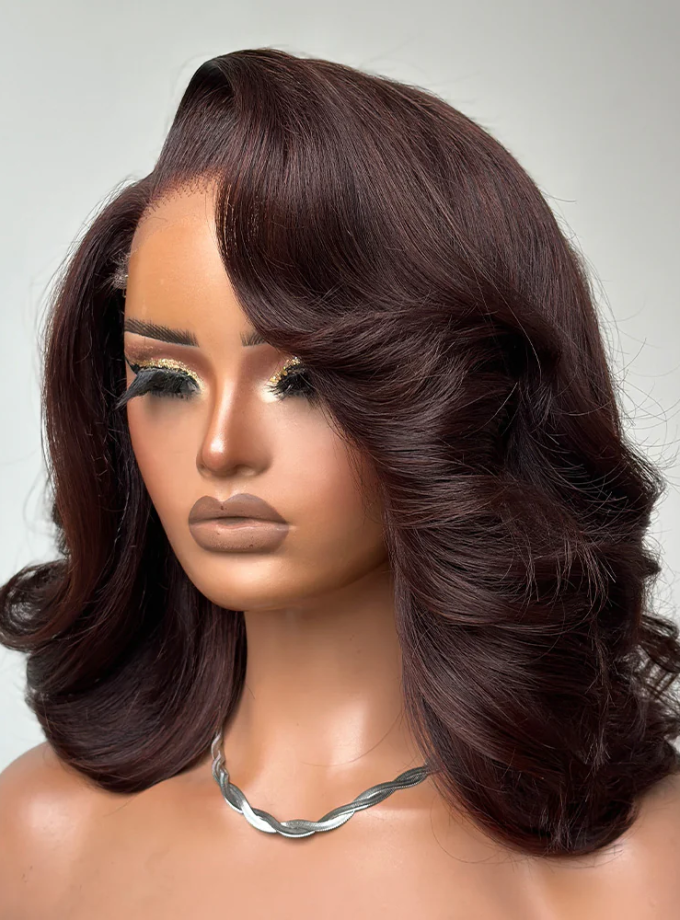 4x4 Lace Dark Brown Layered Cut Body Wave Bob Wig 100% Human Hair