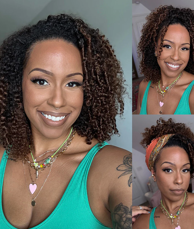 3 IN 1 HALF WIG Ombre Brown Layered Curly Pre-Styled Kinky Coily Half Wig Flip Over Draw-strings Wig