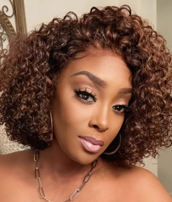 13x4 Frontal Lace Highlight Chocolate Brown Bob Curly Glueless Wig