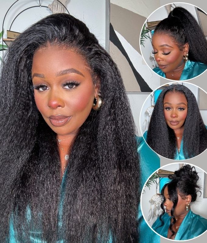 360 Lace Kinky Straight Flexi-Fit Invisi Drawstring Cap Bleached Knot Long Curly Wig